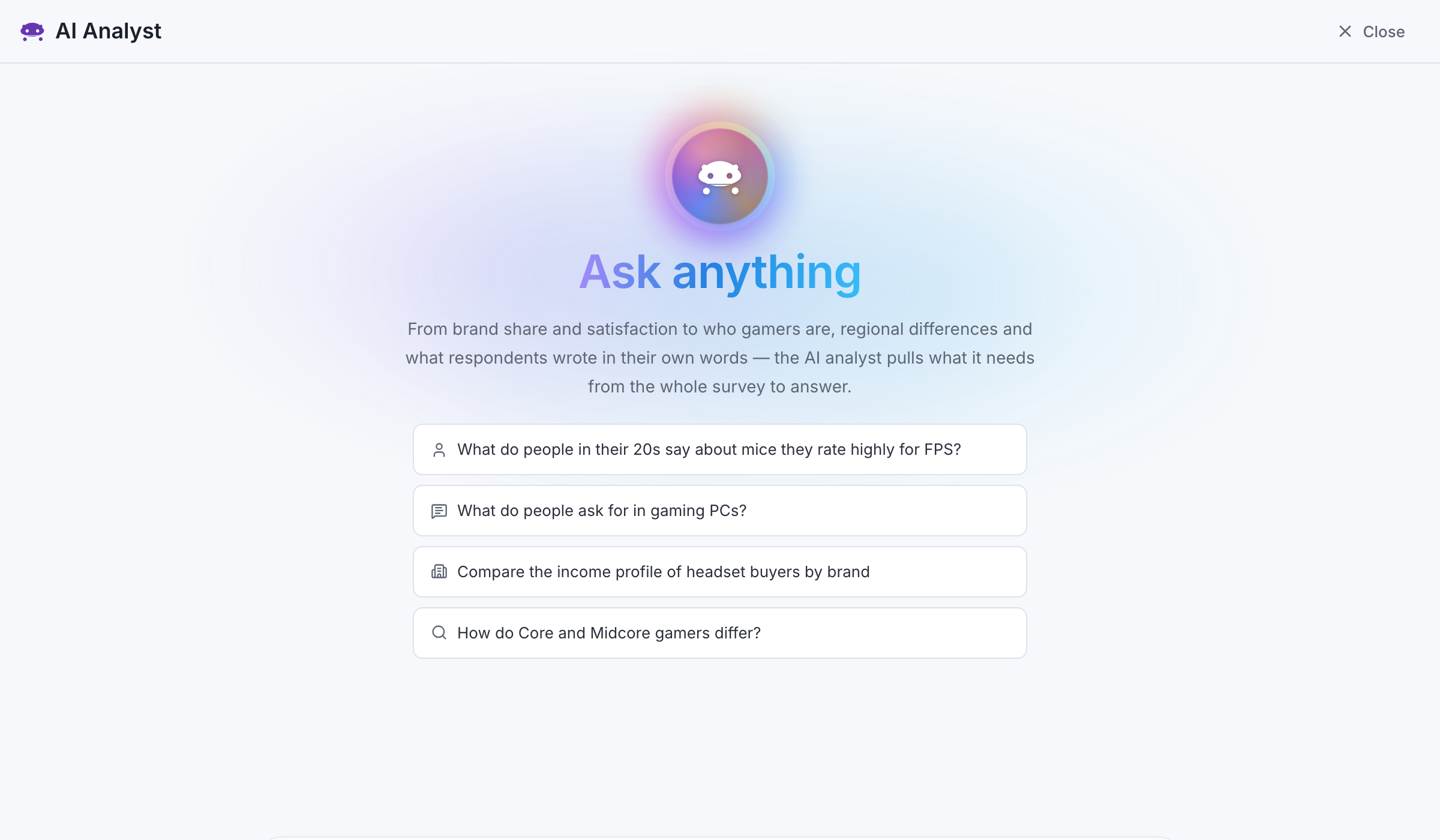 AI analyst: the input screen with suggested questions