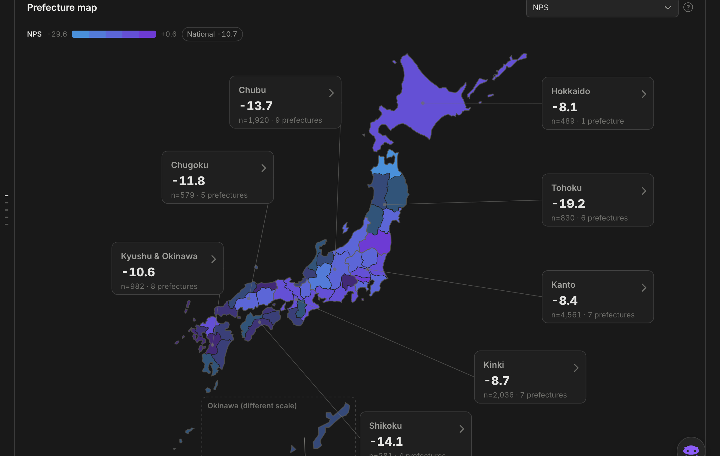 Regional analysis: a map of Japan showing respondents by prefecture with regional metrics
